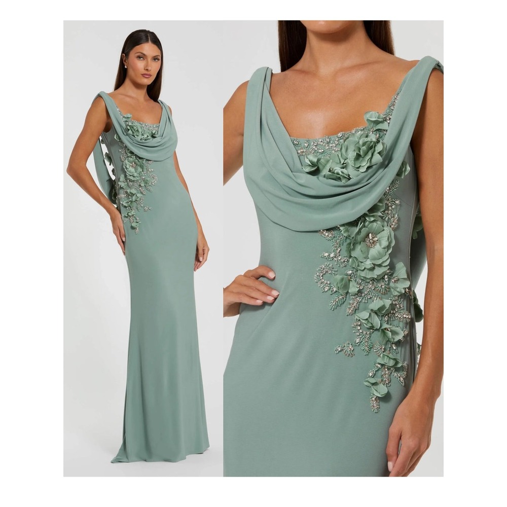 NWT Mac Duggal Green Sleeveless Jersey Cowl Neck Gown With Beading $598 - Size 8